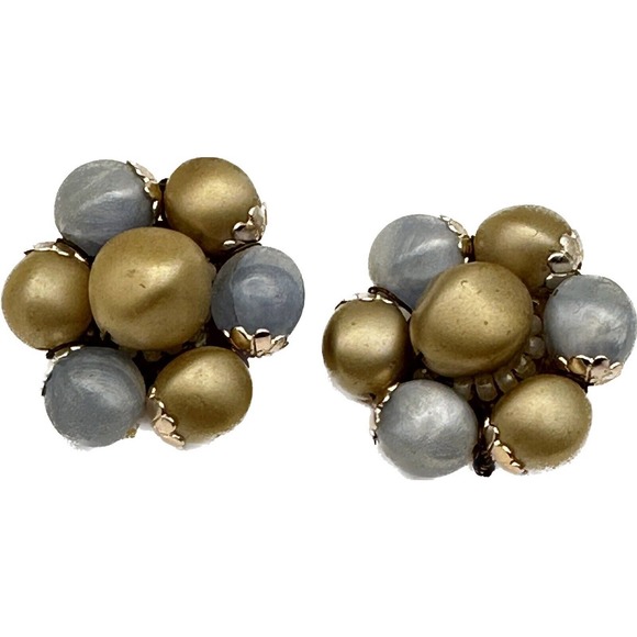 Vintage West Germany Miriam Haskell Style Blue Gold Bead Clip On Earrings Retro - Picture 1 of 3